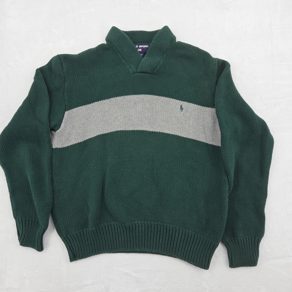 VTG Polo Sport Ralph Lauren Cricket V-Neck Sweater Mens Large Green Cable Knit